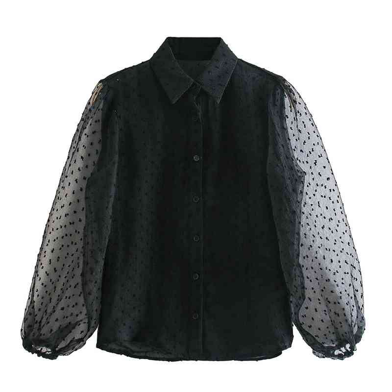EXQJ Elegant Women Transparent Puff Sleeve Shirts Fashion Ladies Black Polka Dot Tops Sweet Female Chic Patchwork Blouses 210430