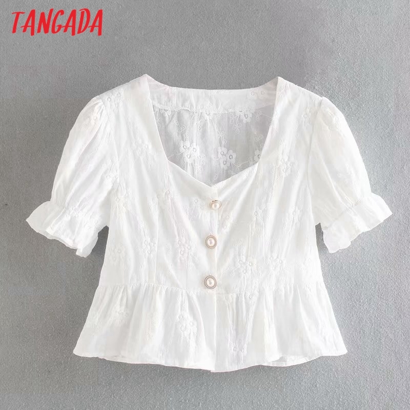 Women Retro White Lace Crop Short Sleeve Summer Chic Female Slim Shirt Tops 3D42 210416