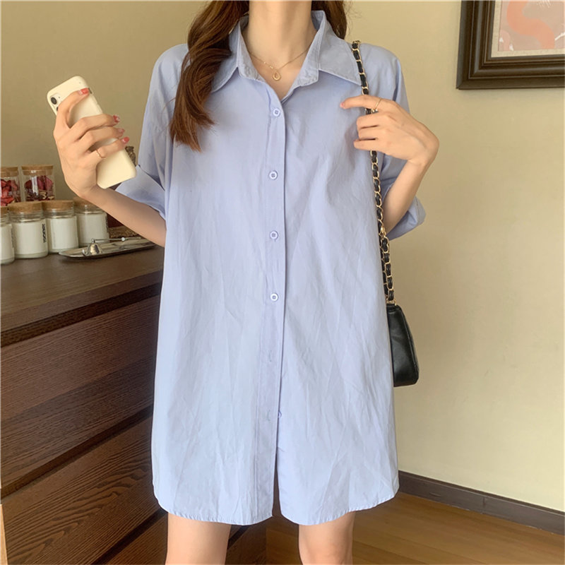 Short Sleeves Brief Outwear Casual Streetwear Elegance Loose Chic Solid Minimalist Summer Femme Gentle OL Shirts 210421