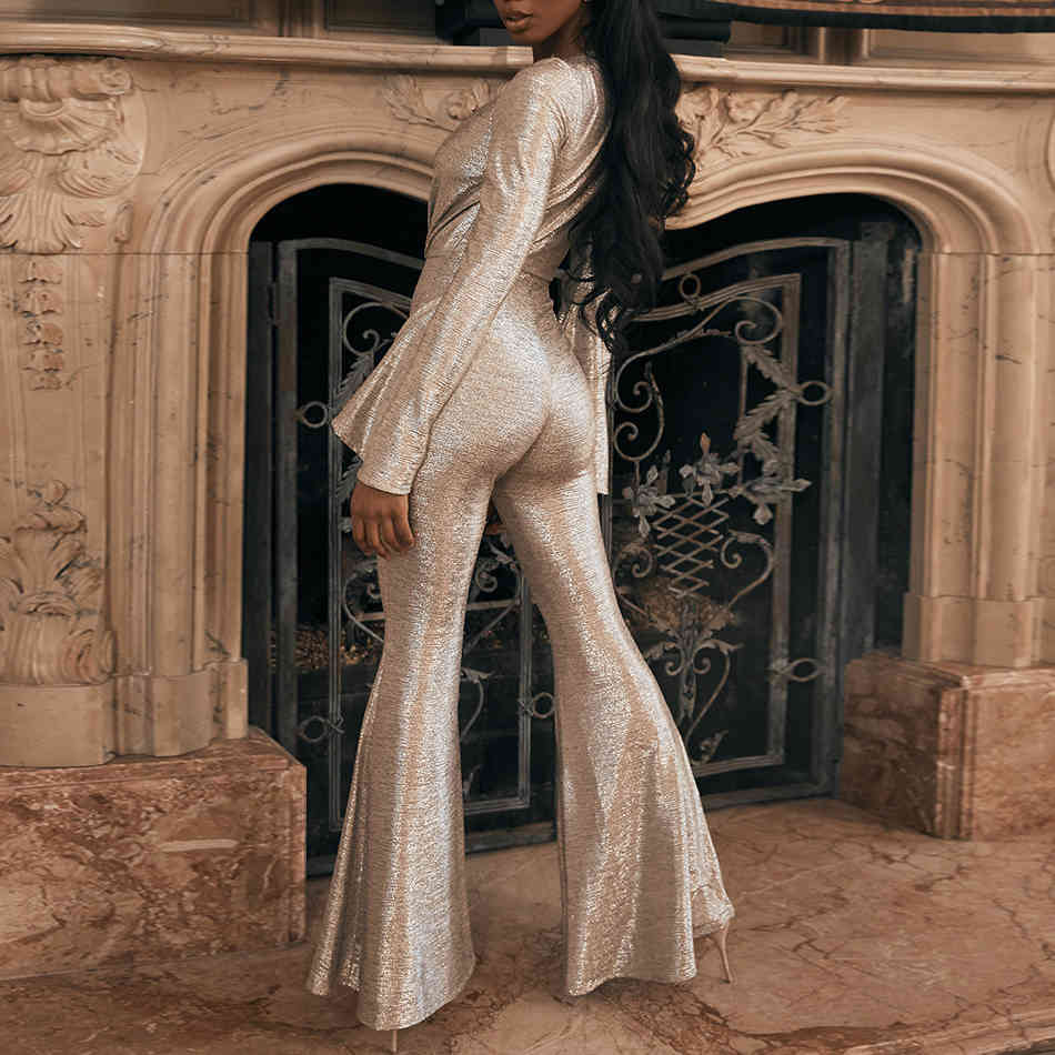 Summer Women's Jumpsuit V-neck Draped Flared Sexy Bodycon Elegant Club Celebrity Party 210524