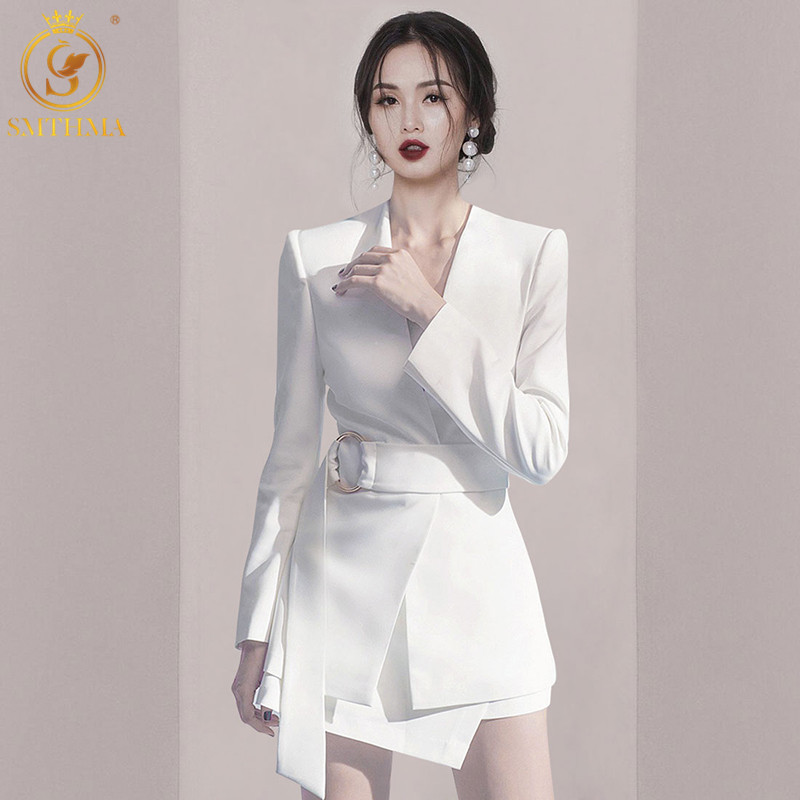 Women Spring And Autumn Fashion Temperament With Belt Waist White Suit Jacket + Asymmetrical Two-Piece Female Skirt Sets 210520