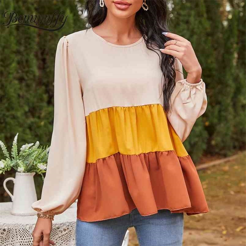 Round Neck Color Block Pleated Women T-Shirts Spring Casual Loose Smock Tees Long Sleeve O-Neck Woman Tshirt Tops 210510
