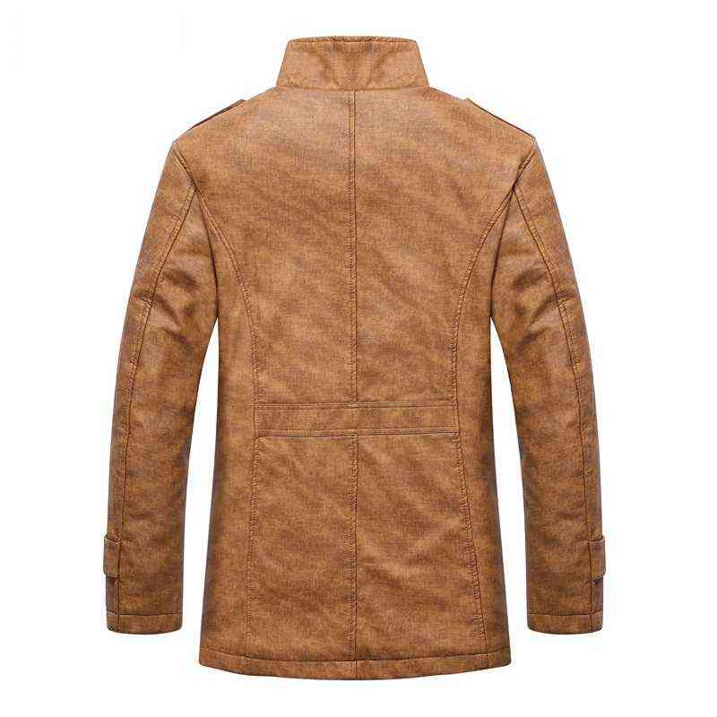 Winter Warm Faux Leather Jacket Men Solid Long Sleeve PU Leather Coat Stand Collar Thick Slim Fit Men Jacket Trench Coats 211106