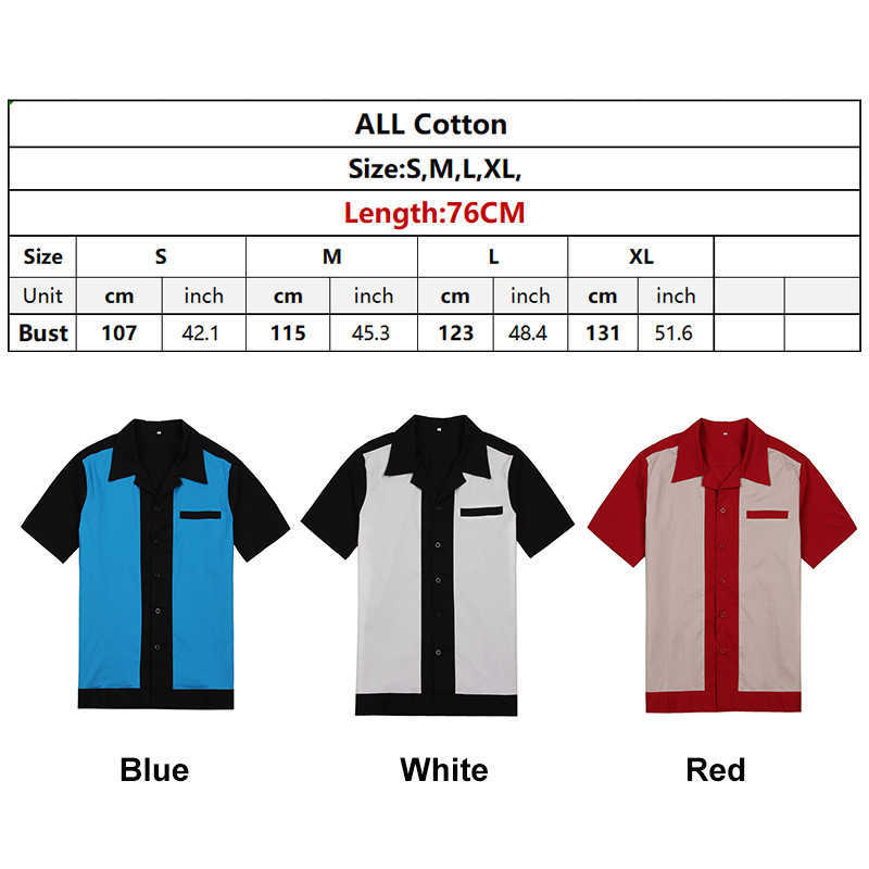 Casual Men Dress Shirts Short Sleeve Camiseta Retro Hombre Bowling Button-Down Shirt Patchwork Men's Shirts Regular Fit 210527