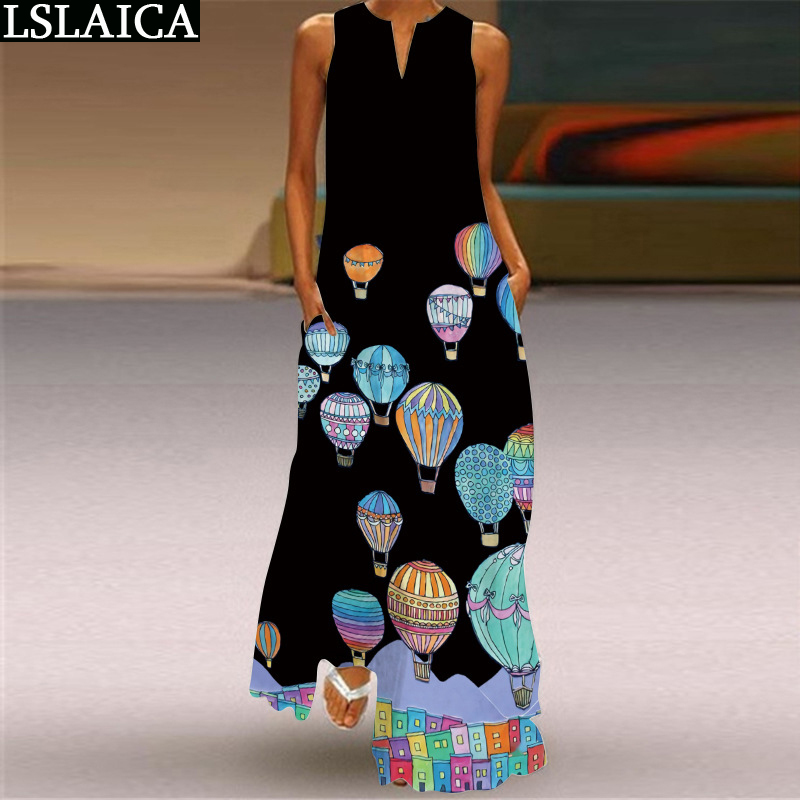 Sale Beach Dress Sleevless V Neck Froal Print Big Swing Summer Africa for Women Plus Size S-5XL Fashion Long Robe 210515