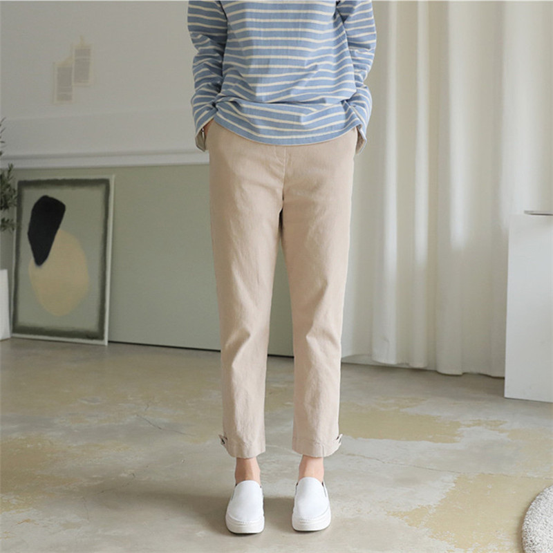 OL Minimalist Elastic High Waist Boots Pants Women Plus Size Casual Cotton Linen Suit Trousers Female 210421