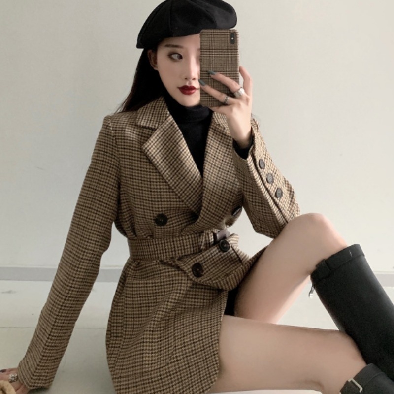 Autumn Vintage Houndstooth Women Jacket Coat Double-Breasted With Belt Long Sleeve Pockets Femme Mujer Chaqueta 210520