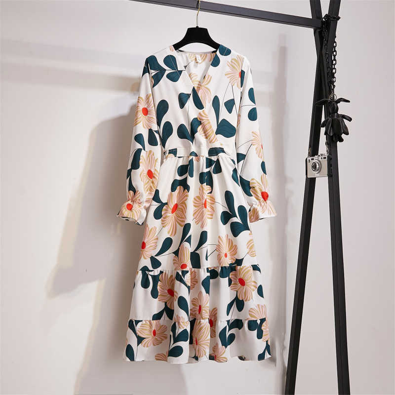 V-Neck Printed Floral Dress Women Elegant Party Beach Korean Ladies A Line Vestidos Spring Autumn 210601