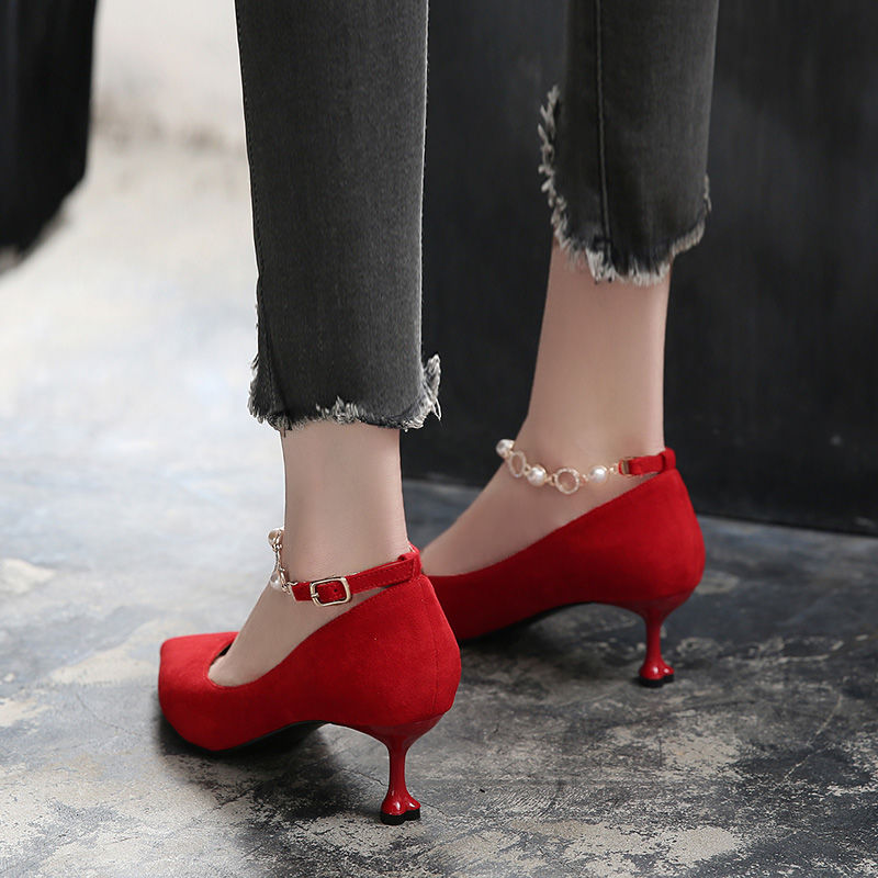 Top Quality Top Zapatos Dama Women Cute Red Pointed Toe Buckle Stray Crystal Stiletto Heel Shoes Lady Casual Black Office Shoes B6100