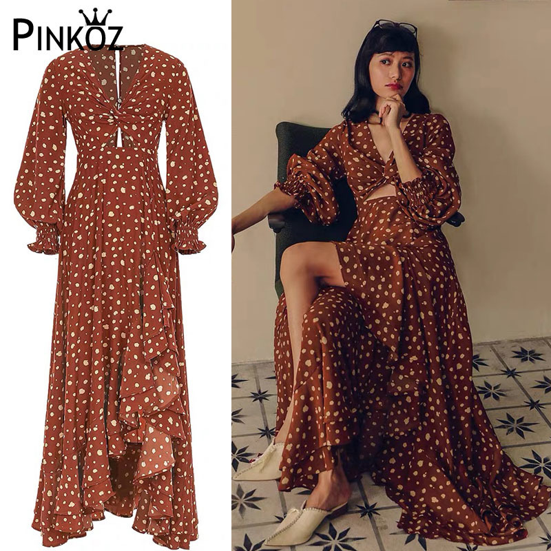 vintage red polka dot printed v-neck hollow out asymmetrical ruffles maxi dress women lady holiday party Female Clothing 210421