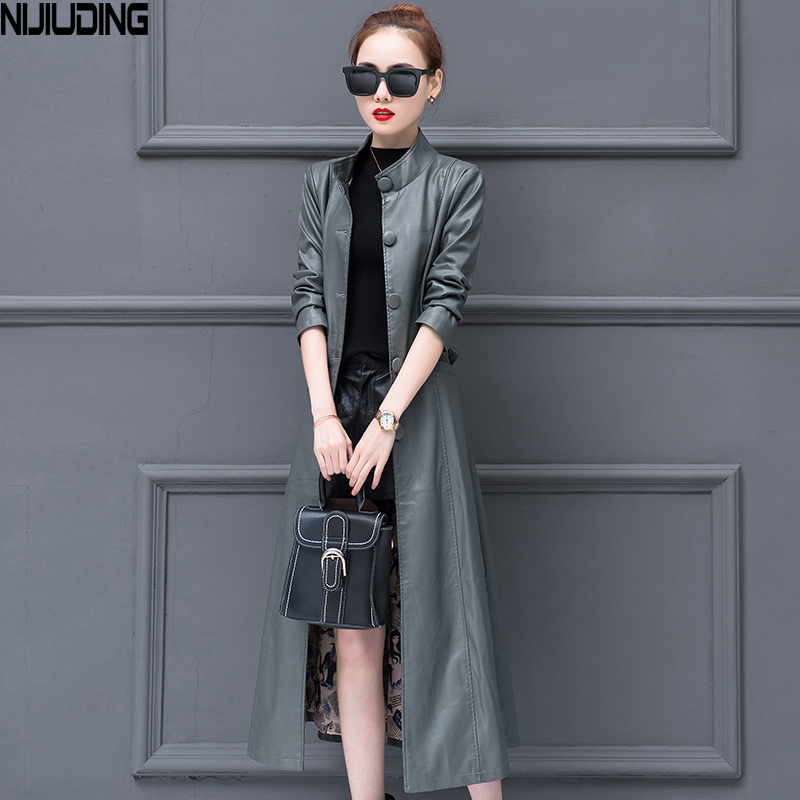 Spring Utumn Stand Collar Women Fashion PU Leather Long Trench Coats Lady Elegant Belt Waist Windbreaker Female 210514