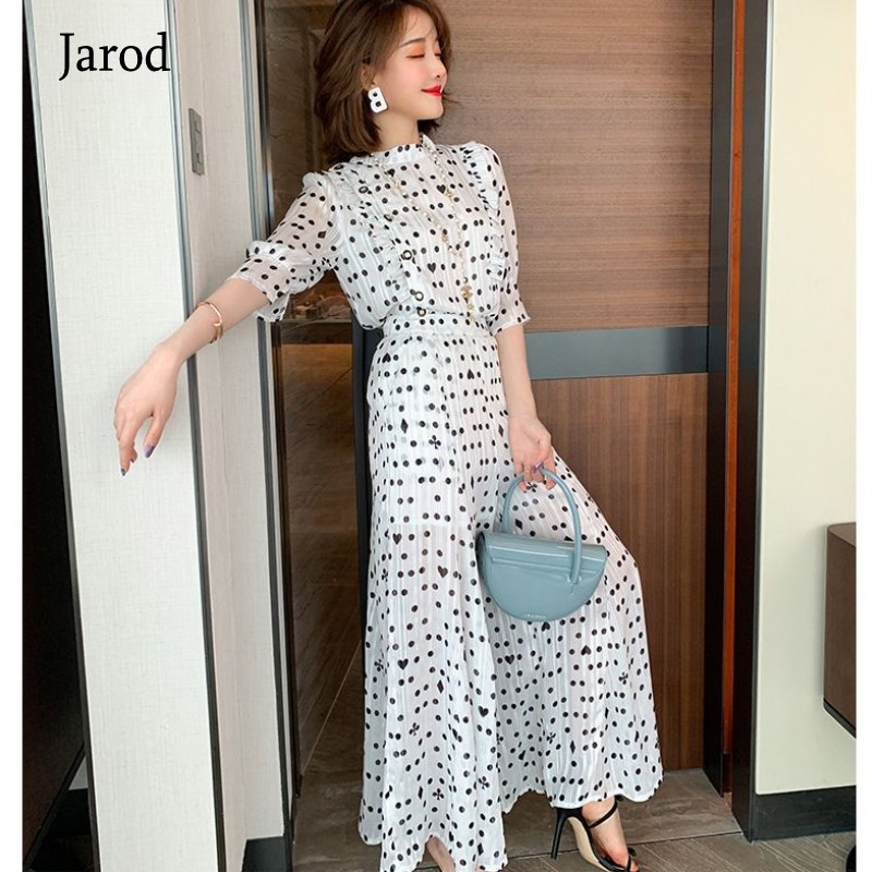 Fashion Women Polka Dot Trousers Suit Summer Chiffon O Neck Ruffles Shirt + Holiday Ladies Pleated Wide-Leg Length Pants Set 210518, Black
Fashion Women Polka Dot Trousers Suit Summer Chiffon O Neck Ruffles Shirt + Holiday Ladies Pleated Wide-Leg Length Pants Set 210518, Black
