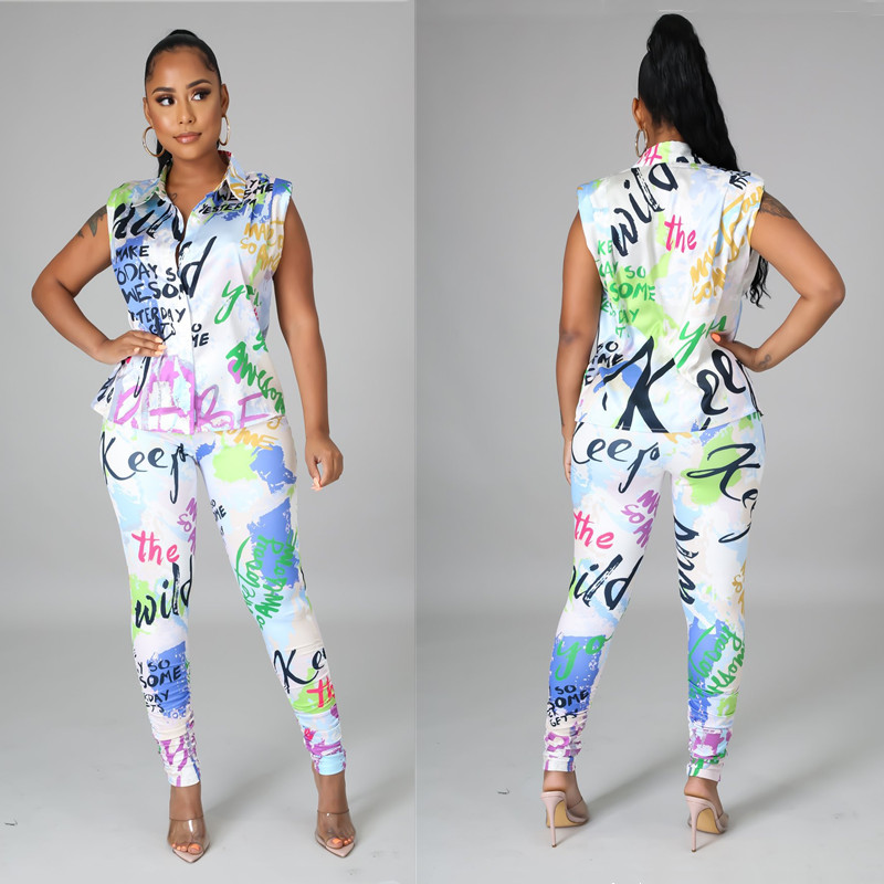 Free Ship Women Fashion Letter Print Sleeveless Shirt and Pants Set Casual Slim Two Piece Outfits Tracksuits, White 
Free Ship Women Fashion Letter Print Sleeveless Shirt and Pants Set Casual Slim Two Piece Outfits Tracksuits, White