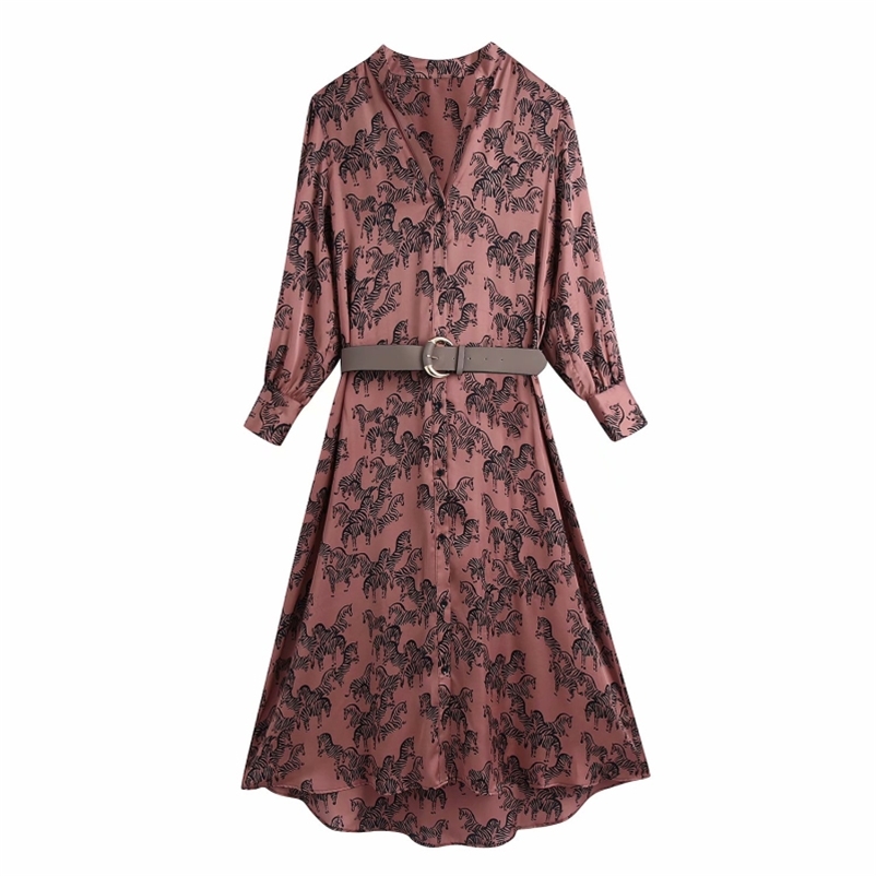 Casual Woman Loose Zebra Print Satin Belt Shirt Long Dress Spring Fashion Ladies Soft Dresses Female Elegant 210515