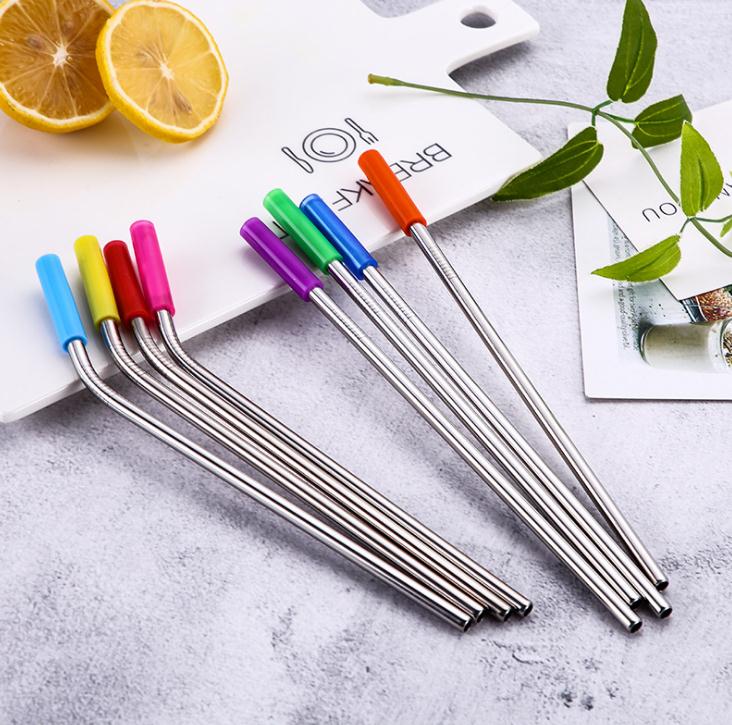 Stainless Steel Reusable straight and bend Metal Straws With Silicone Tips Cleaning Brush bar drinking straw SN812 Free shipping