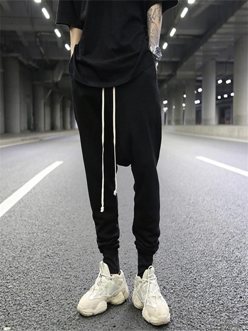 Dark Style Classic All-match Suspending Crotch Leggings Trousers Trendy With The Same Paragraph Terry Cotton Black Casual Pants Men's