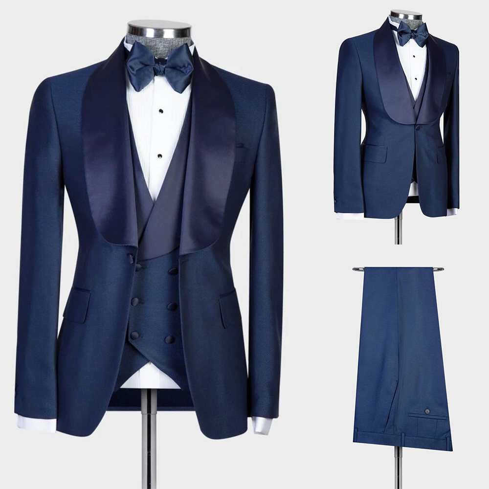 Newest One Button Groom Polyester Tuxedos Red Shawl Lapel Slim Fit Mens Wedding Suits Formal Party Prom Suit Custom Made(Jacket+ Vest+Pants)