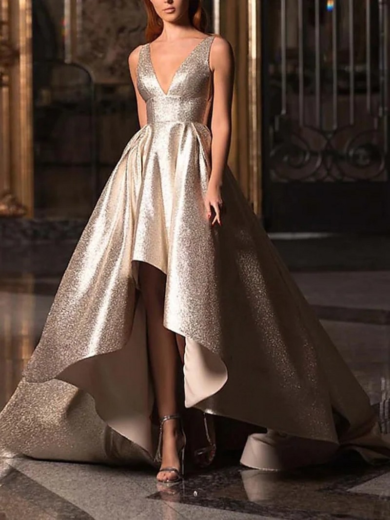 Glittering Gold/Silver Elegant Prom Evening Dress V Neck Sleeveless Backless Sequin Formal Party Gown High Low Robes De Soiree Vestidos Longo 2026