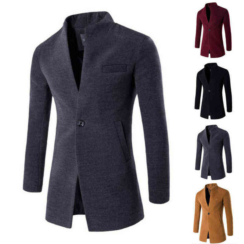 Mens Long Sleeve Tops Coat Outwear Casual Winter Warm Button-Front Stand-Collar Solid Color Single Breasted Fashion Clothes 211119