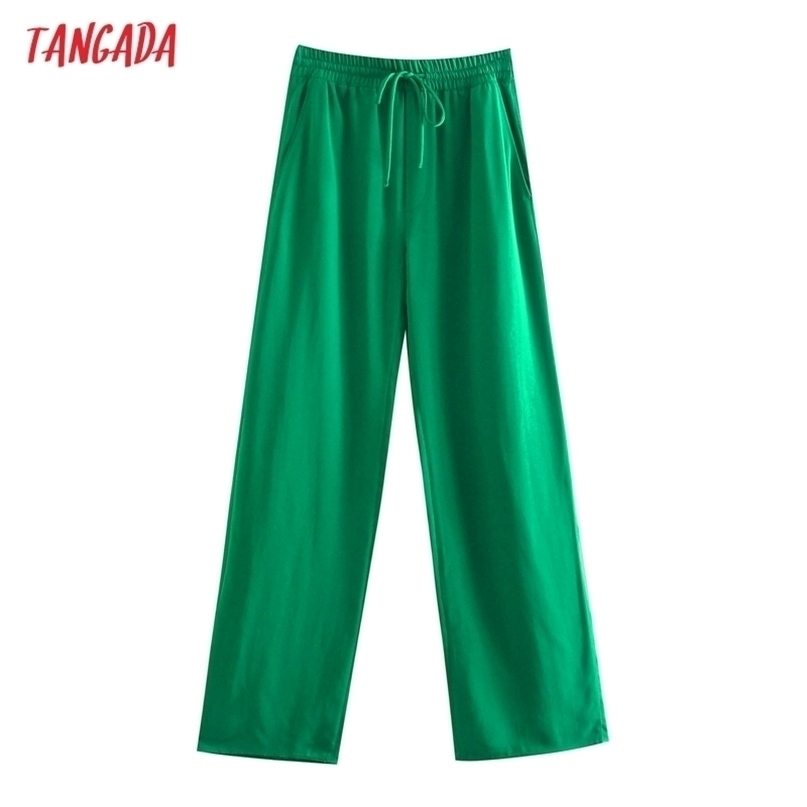 Tangada Fashion Women Green Casual Long Pants Trousers Vintage Style High Street Lady Pantalon 5Z68 211115