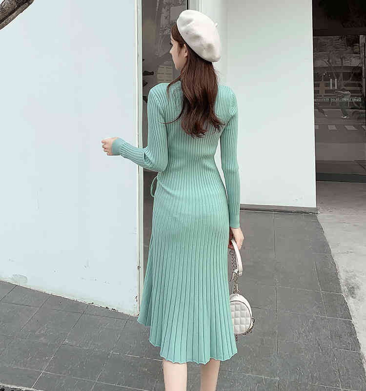 Solid O-Neck Woman Knitting Dress Autumn Winter Ribbon Long Sleeve Fashion Slim Women Midi Dresses D08203K 210416