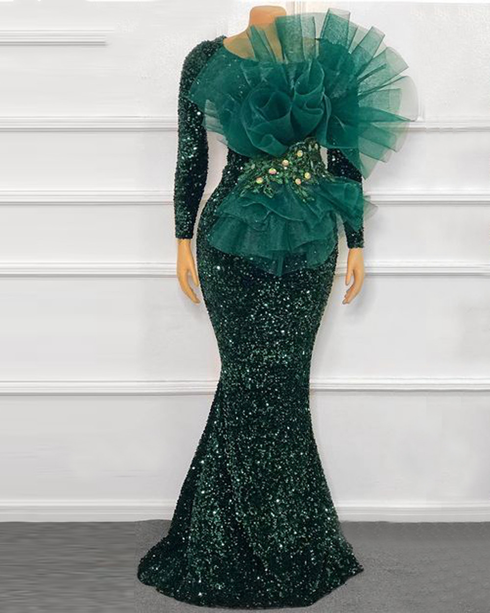Sparkly plus size Prom Dresses 2021 Sexy Mermaid Long Sleeve ruffles lace Dark Green African Black Girls evening Gowns
