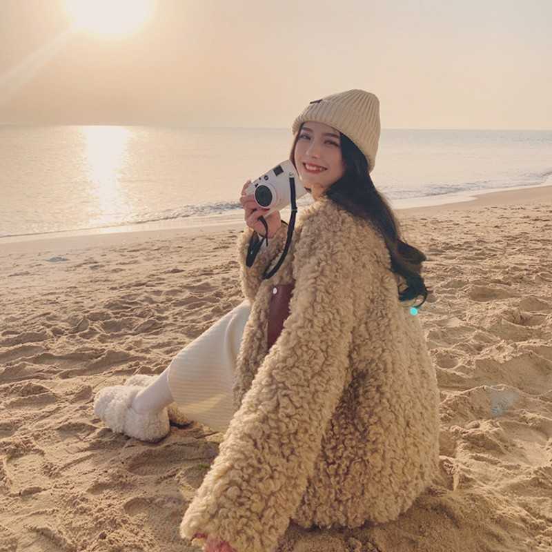 Yedinas Winter Faux Fur Coat Women Casual Warm Jacket Plush Teddy Female Pocket Overcoat Elegant Outwear 210527