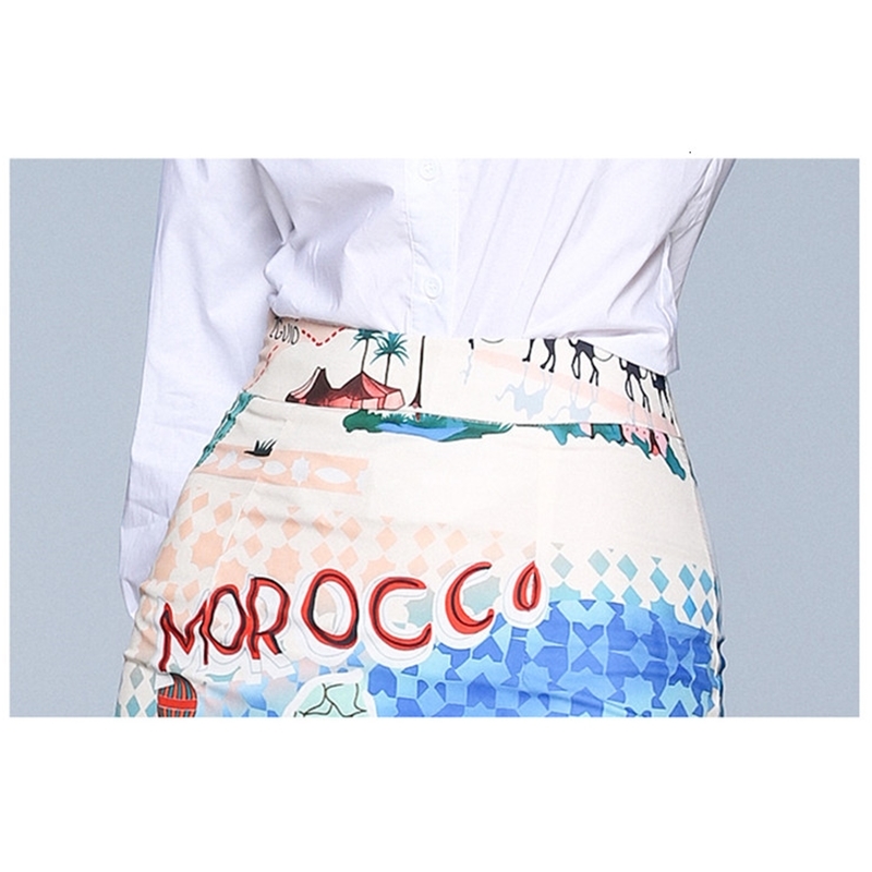 Autumn Women's Fashion Suit White Long Sleeve Embroidered Shirt +Map Print Package Hip Skirt Two-piece Sets Suits 210515