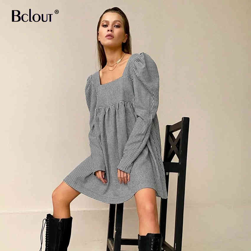 Bclout Black White Plaid Dress Vintage Puff Sleeve Mini Dress Woman Autumn Square Collar Casual Lady Vestido Zipper Sexy 210409