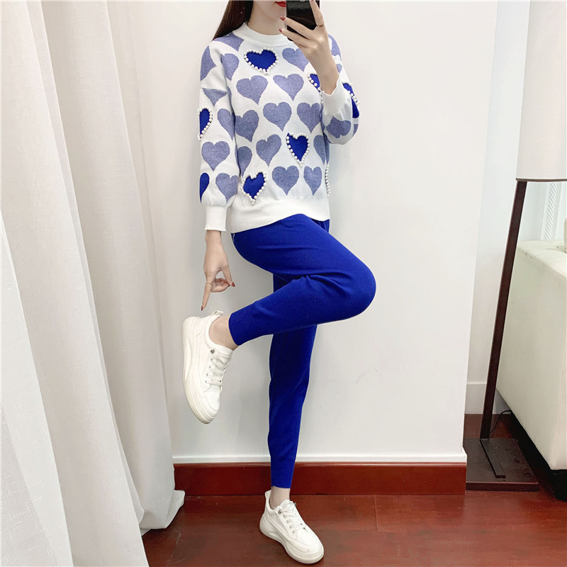 Autumn Winter Sweet Love Print Beads Pullover Top Sweater + High Waist Double Pockets Knitted Pants Two piece Set for Women 210506