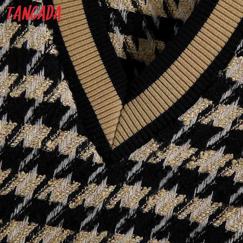 Women Fashion Jacquard Check Knitted Vest Sweater Vintage V Neck Sleeveless Female Waistcoat Chic Tops BE454 210416
