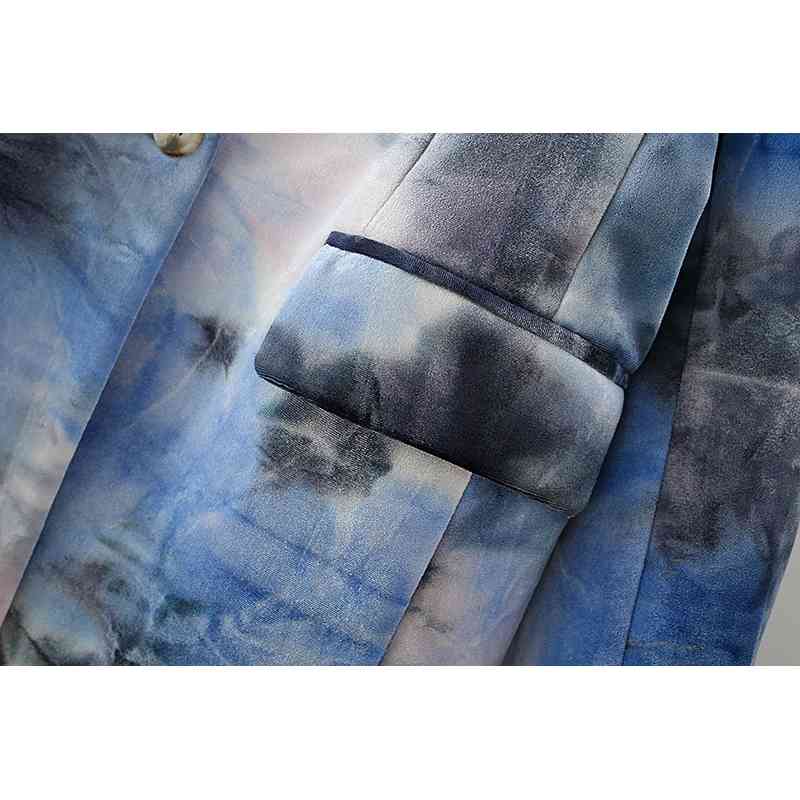 Causal Women Blue Tie-Dye Velvet Jacket Fashion Ladies V-Neck Singles Button Coats Streetwear Female Chic Slim Jackets 210430