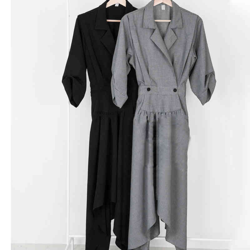Spring Women High Waist Irregular Solid Dresse vintage Mid Long Dresses D01504M 210416