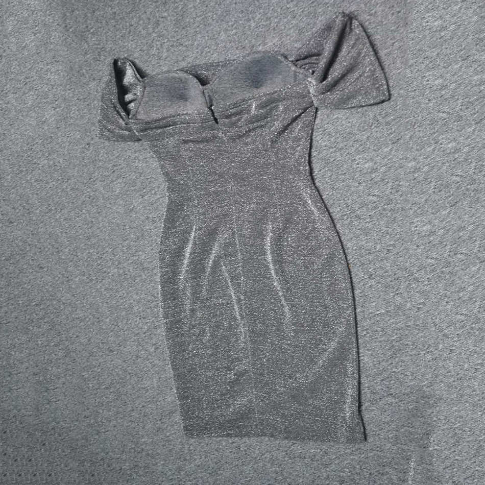 Summer Women'S Sexy Off-The-Shoulder Drape Glitter Shiny Gray Tight Dress Club Celebrity Party Vestido 210527