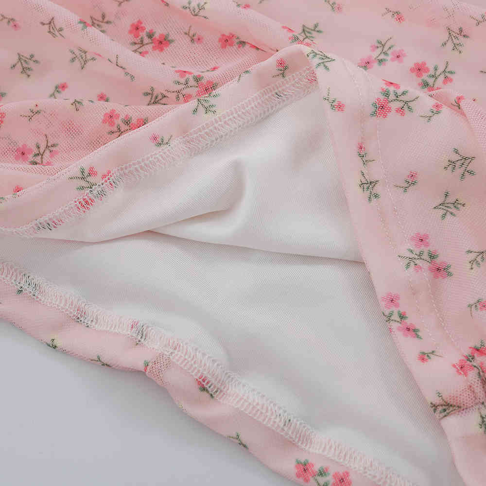 Pink Flower Bodycon Mesh Dress Summer Women Elegant Rushed Backless Mini Dress Short Chic Boho Beach Style Dress Vestido Sexy 210415