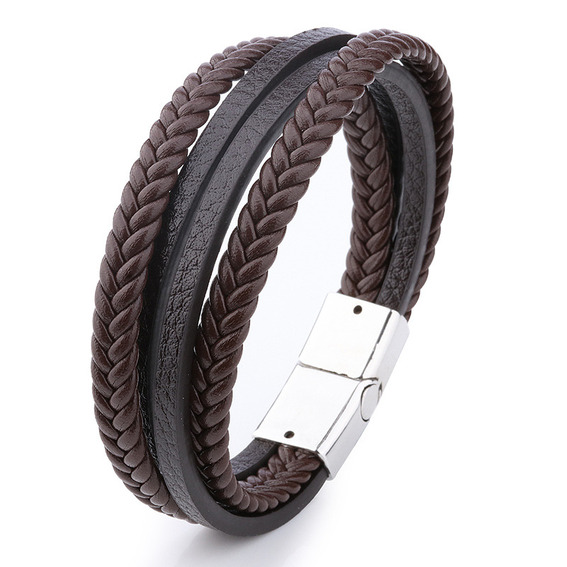 Vintage Men's Style Woven Black Brown Leather Cuff Magnetic Snap Bracelet for Gift