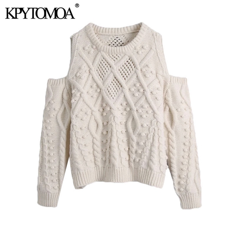Women Fashion Bobble Appliques Hollow Out Knitted Sweater O Neck Long Sleeve Female Pullovers Chic Tops 210420