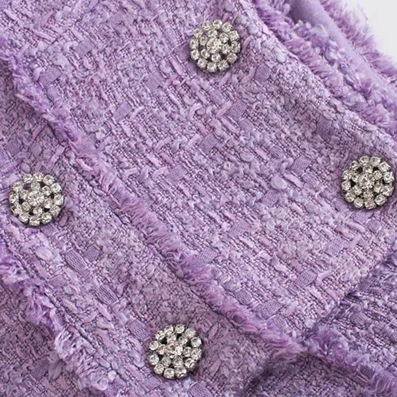 Women Sweet Spaghetti Strap Tweed Mini Dresses Double Breasted Chic Party A Line Tassel Purple Vestidos 210515