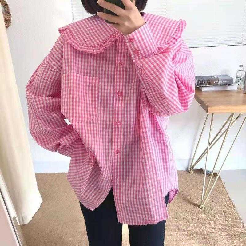 Lace Peter Pan Collar Full Single Breasted Plaid Medium Length Loose Shirt Fashion Blouse Women 210615
