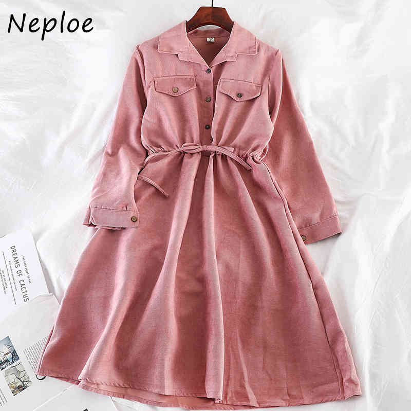 Neploe Hong Kong Style New Autumn Winter Vintage Dress Drawstring Slim Waist Loose Vestidos Fashion Shirt Dresses Women 94447 210422
