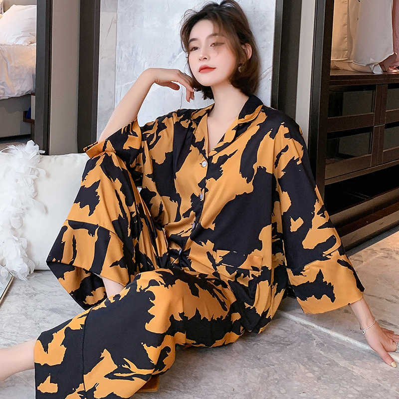pyjamas loungewear Sleepwear silk Women's home clothes two piece sets nighty for ladies Long Sleeve Sleeping Shirt 210924