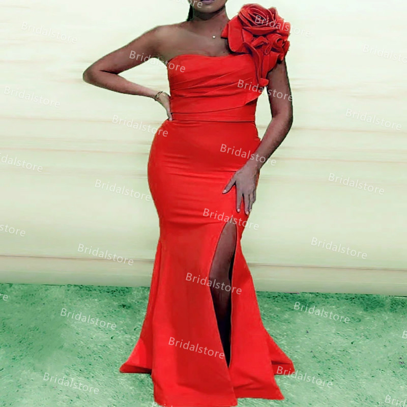 Organge One Shoulder African Evening Dresses With Handmade Flowers Side Slit Mermaid Prom Dress For Black Girls 2021 Satin robe de soirée vestidos for