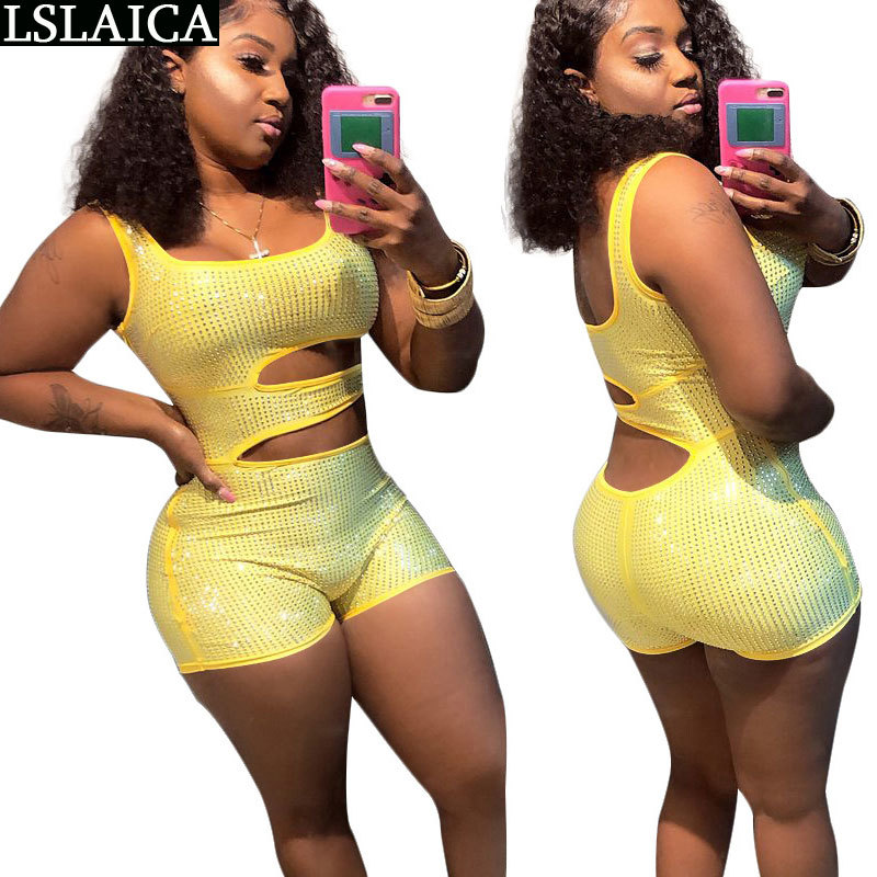 Casual women bodysuit sleeveless hollow out Tank solid color jumpsuits for Rhinestone sexy elegant bodycon jumpsuit female 210520