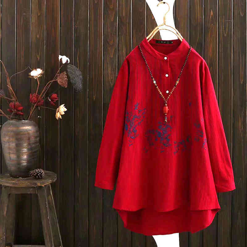 Spring Autumn Arts Style Women Long Sleeve Loose Shirts 100% Cotton Female Stand Collar Embroidery Vintage White Blouse D446 210512