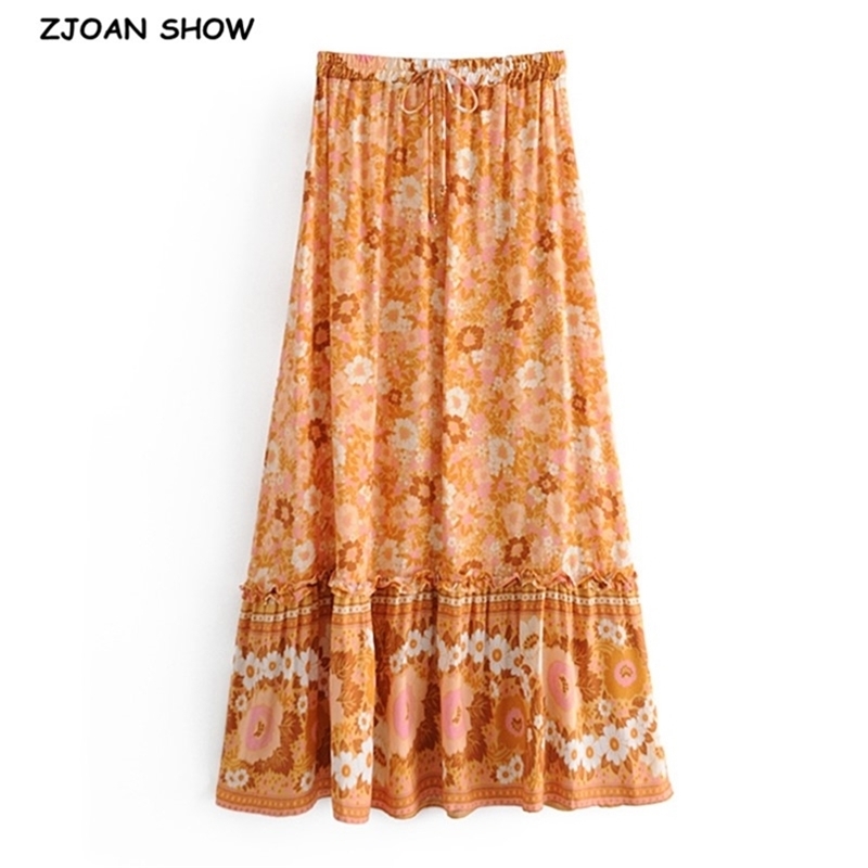 Bohemia Floral Print Long Skirt Turquoise Spliced Ruched Ruffle Hem Hippie Women Adjust Stream Waist Swing Skirts Holiday Beach 210429