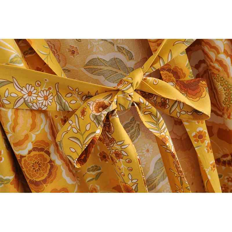 Bohemia V neck Gold Flower Print Maxi Long Kimono Cardigan Ethnic Women Lacing up Bow Sashes Shirt BOHO Loose Blouse Tops 210429