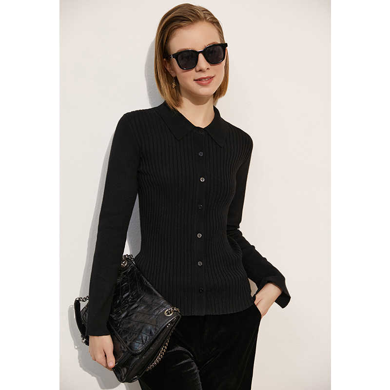 Minimalism Spring Women's Sweater Tops Causal Solid Lapel Slim Fit Women Pullover Single Breasted Female Cardigan 12140256 210527