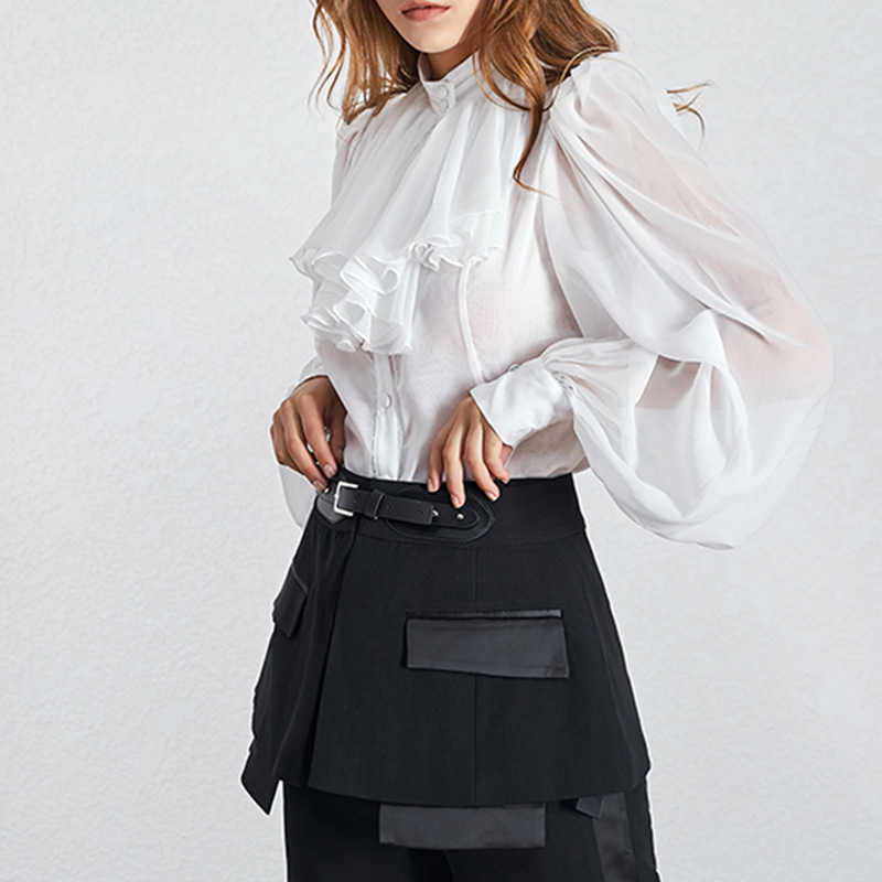 Vintage Elegant Chiffon Blouses for Women Fashion Silm Ruffles Lantern Sleeve Shirts Temperament All-match Blusas De Mujer 210525