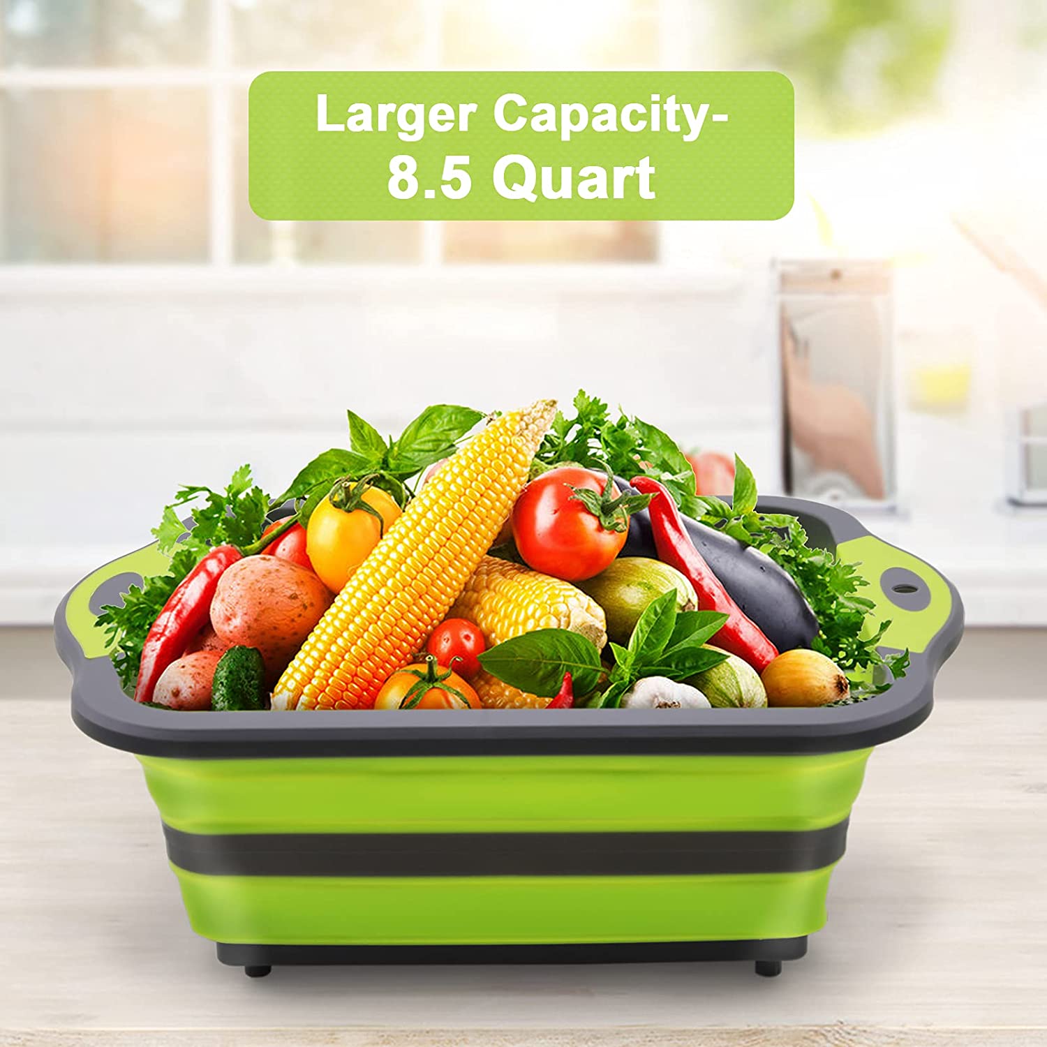 Collapsible Cutting Board Chopping Board with Colander 3 in 1 Vegetable Washing Basket Silicone Dish Tub for Kitchen Outdoor Camping Picnic BBQ Prep