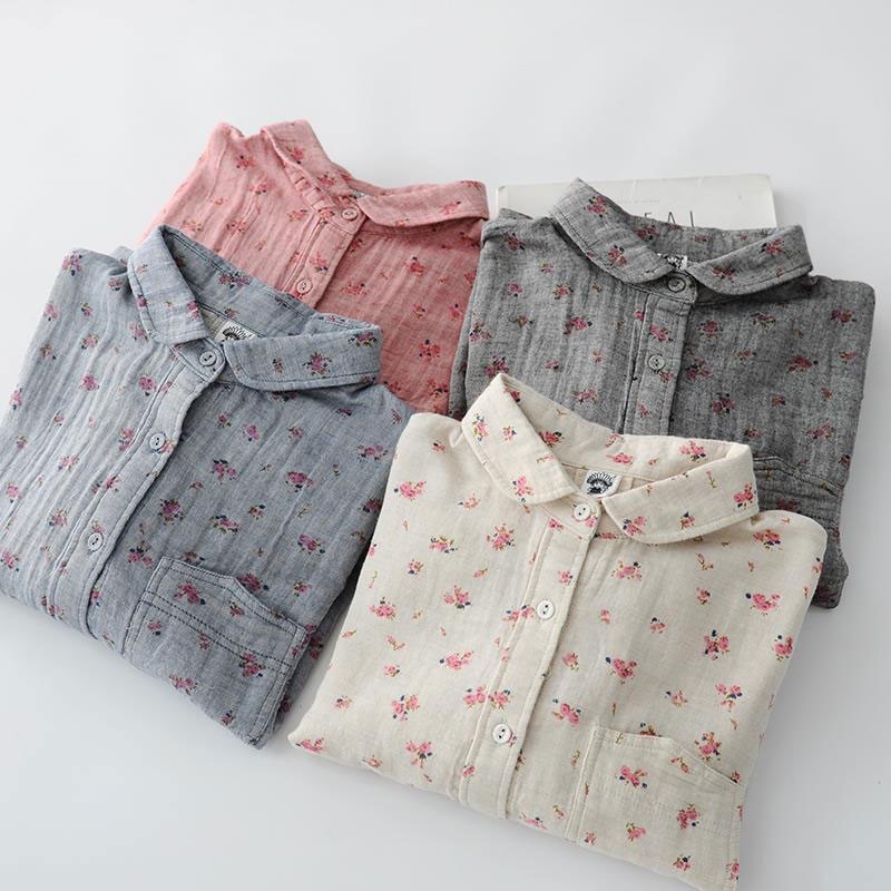 Autumn Arts Style Women Long Sleeve Loose Shirts All-matched Casual Peter Pan Collar Mori Girl Cotton Print Blouse Tops S94 210512